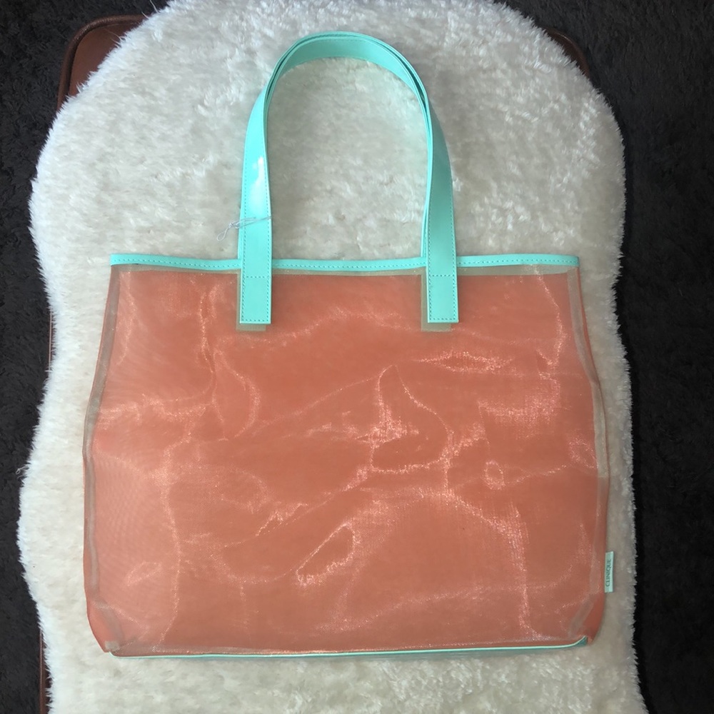 New melon colored mesh tote